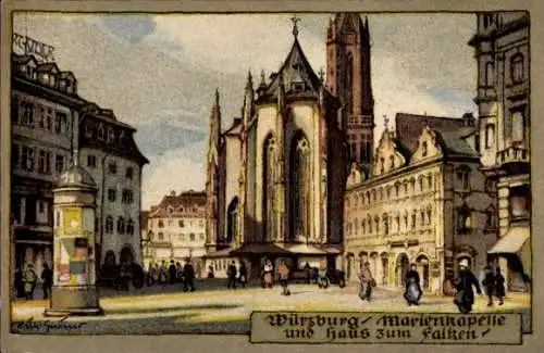 Steindruck Ak Greiner, Wilh., Würzburg am Main Unterfranken, Marienkapelle, Haus zum Falken