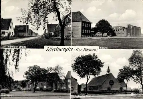 Ak Kirchweyhe Weyhe Niedersachsen, Leipziger Straße, Schule, Park, Katholische Kirche