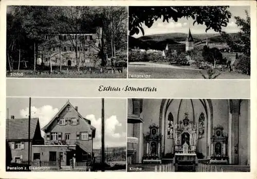 Ak Sommerau Eschau im Spessart, Schloss, Teilansicht, Pension zur Eisenbahn, Kirche, Innenansicht