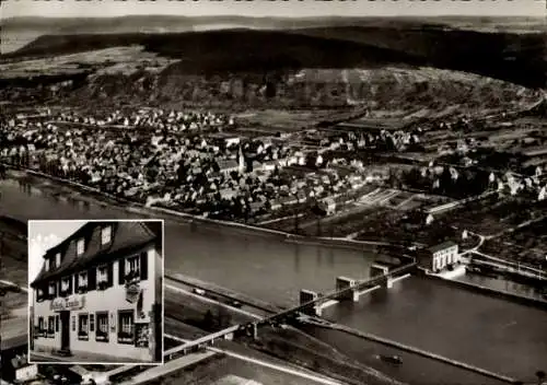 Ak Kleinwallstadt in Unterfranken, Gasthaus Zur Traube, Panorama, Brücke