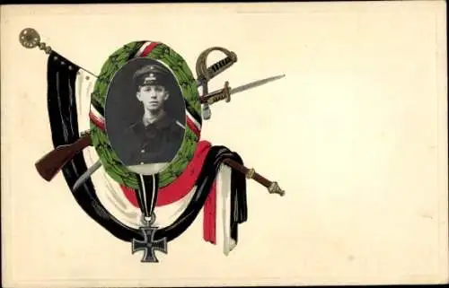 Passepartout Foto Ak Deutscher Soldat in Uniform, Eisernes Kreuz, Fahne