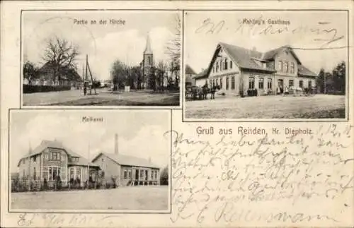 Ak Rehden in Niedersachsen, Kirche, Molkerei, Kahlings Gasthaus
