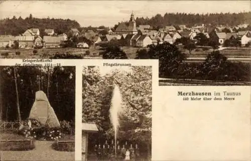 Ak Merzhausen Usingen Hochtaunuskreis, Kriegerdenkmal der Gefallenen, Gesamtansicht, Pfingtsbrunnen