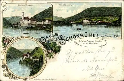 Litho Schönbühel Aggsbach in Niederösterreich, Schloss, Wallfahrtskirche