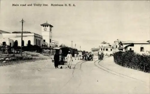 Ak Mombasa Kenia, Partie auf der Hauptstraße, Trolly line