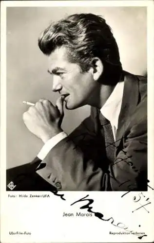 Ak Schauspieler Jean Marais,  Portrait, Zigarette, Profilansicht, Autogramm