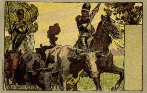 Künstler Litho Schultz, Reichliche Beute, Ritter mit Rindern