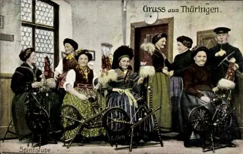 Ak Gruß aus Thüringen, Frauen an Spinnrädern, Traditionelle Trachten