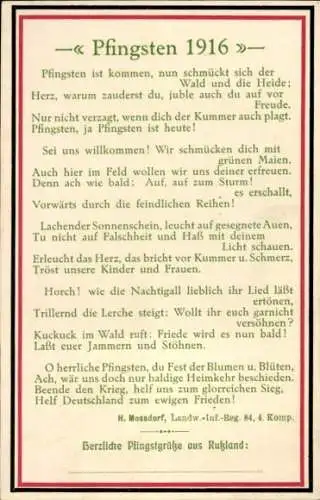 Ak Glückwunsch Pfingsten 1916, Gedicht, Pfingsten ist kommen, nun schmückt sich der Wald...