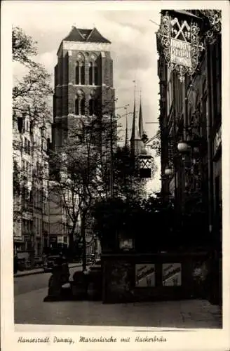 Ak Gdańsk Danzig, Jopengasse, Marienkirche, Hackerbräu