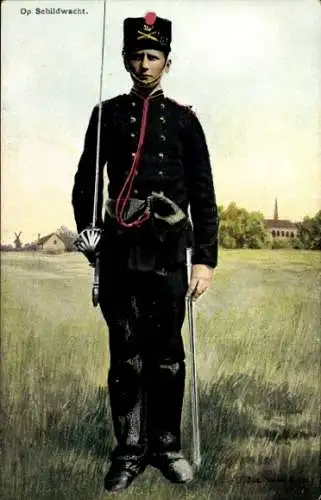 Ak Niederländischer Soldat in Uniform, Portrait, Wachsoldat