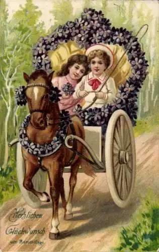Präge Ak Glückwunsch Geburtstag, Kinder, Veilchen, Kutsche, Pferd