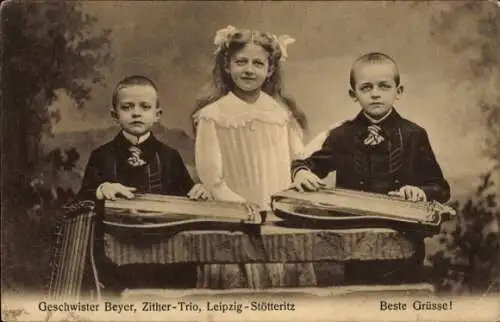 Ak Stötteritz Leipzig in Sachsen, Musiker, Geschwister Beyer, Zither-Trio