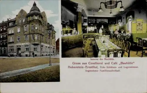 Ak Hohenstein Ernstthal in Sachsen, Konditorei Café Bauhütte, Ecke Schützenstraße und Logenstraße