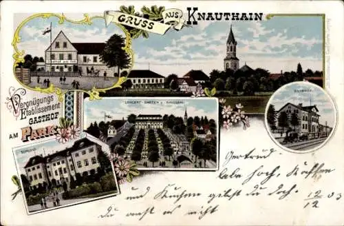 Litho Knautkleeberg Knauthain Leipzig in Sachsen, Gasthof Am Park, Schloss, Konzertgarten, Bahnhof