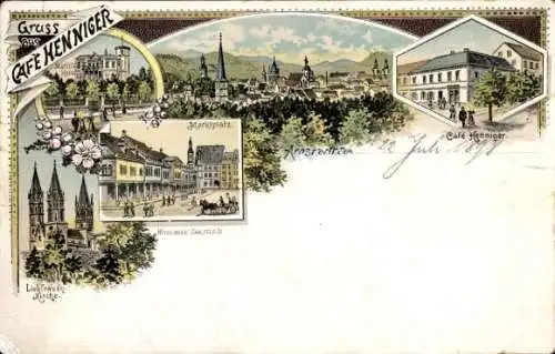 Litho Arnstadt in Thüringen, Café Henniger, Liebfrauenkirche, Marktplatz