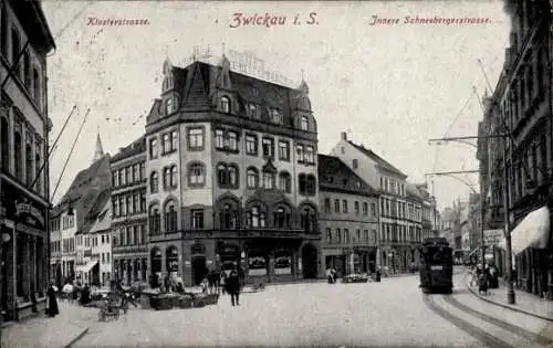 Ak Zwickau in Sachsen, Klosterstraße, Innere Schneebergerstraße, Straßenbahn