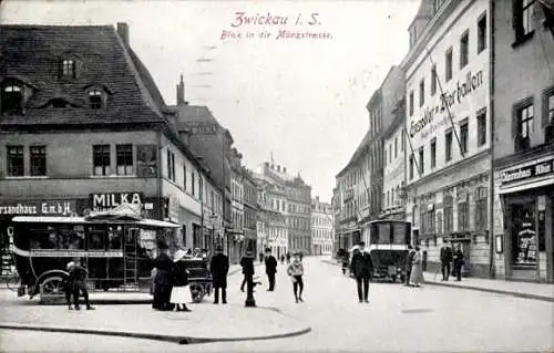 Ak Zwickau in Sachsen, Blick in die Münzstraße, Einsiedler Bierhallen, Milka Reklame, Autobus