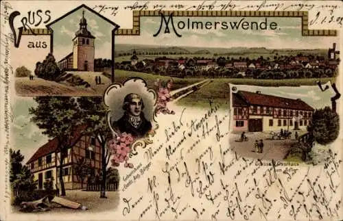 Litho Molmerswende Mansfeld im Harzvorland, Geburtshaus von Gottfried August Bürger, Gasthaus