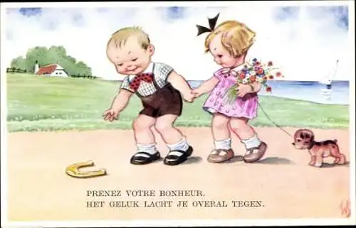 Künstler Ak Scheuermann, Willi, Junge findet ein Hufeisen, Hund, Mädchen