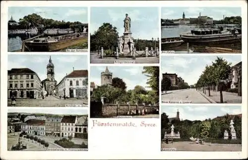 Ak Fürstenwalde an der Spree, Kriegerdenkmal, Hafen, Schleuse, Kaiserplatz, Neue Kaserne