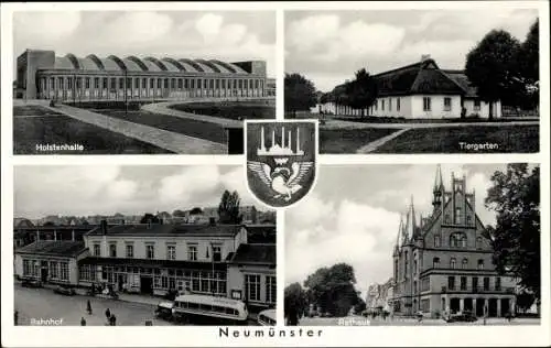 Ak Neumünster in Holstein, Holstenhalle, Tiergarten, Bahnhof, Rathaus, Wappen