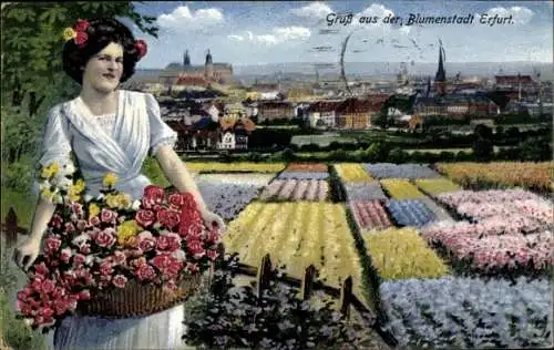 Ak Erfurt in Thüringen, Blumenfeld, Blumenmädchen, Stadt