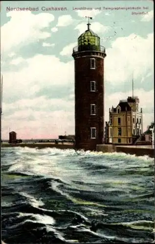 Ak Nordseebad Cuxhaven, Leuchtturm, Telegraphengebäude bei Sturmflut