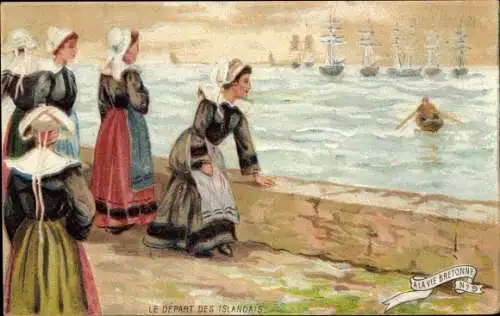 Ak Frauen in bretonischen Trachten, Ausfahrt der Fischer, Reklame, Chicoree A la Belle Jardiniere