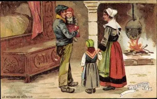 Ak Bretagne, Familie in Trachten, Fischer kehrt Heim, Reklame, Chicoree A la Belle Jardiniere