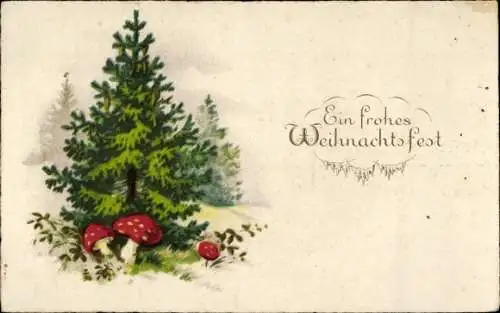 Künstler Ak Frohes Weihnachtsfest, Weihnachtsbaum, Fliegenpilze