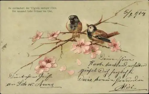 Litho Vögel auf einem Blütenzweig