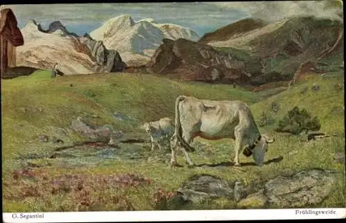 Künstler Ak Segantini, G., Frühlingsweide, Gebirge, Kuh