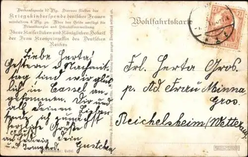 Künstler Ak Gedicht Armes Spätzlein, Kinder mit Schlitten füttern Vögel, Kriegskinderspende