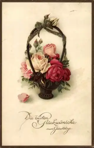 Ak Glückwunsch Geburtstag, Rosen in einem Korb
