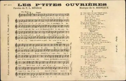 Lied Ak Les P'Tites Ouvrieres, Musik von D. Berniaux, Text von FL Benech