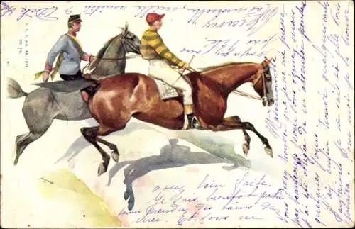 Künstler Litho Jockeys zu Pferden, Sprung
