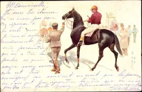 Künstler Litho Jockey zu Pferd, Zaumzeug