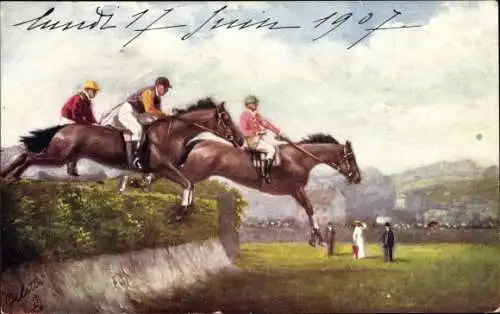 Ak Springreiten, Hindernisrennen, An der Steinmauer