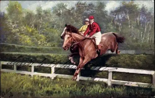 Ak Springreiten, Hindernisrennen, Kopf an Kopf