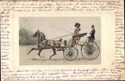 Präge Litho Kutsche, Pferd, Ehepaar