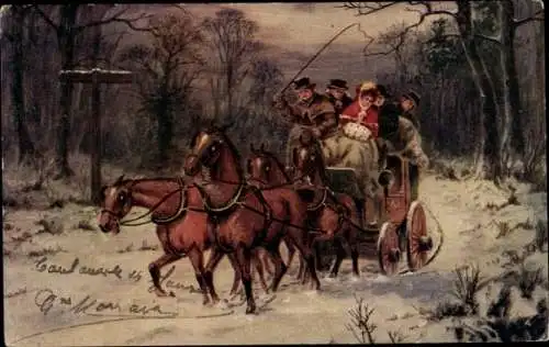 Ak Kutschenfahrt, Kutsche, Braune Pferde, Wald, Schnee
