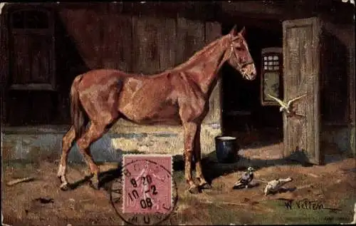 Künstler Ak Velten, W., Braunes Pferd steht vor dem Stall, Tauben