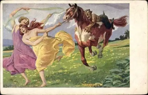 Künstler Litho Tanzende Frauen, Wiese, Märchenwesen zu Pferde