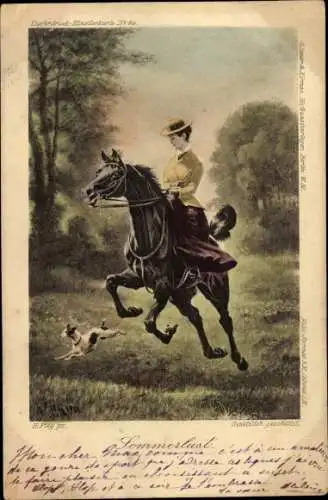 Künstler Litho Fleg, H., Sommerlust, Frau zu Pferde, Hund, Ausritt