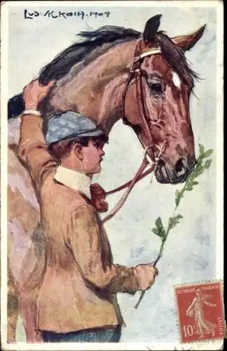 Künstler Litho Junger Mann mit Pferd, Zaumzeug