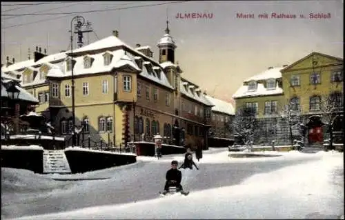 Ak Ilmenau in Thüringen, Markt, Rathaus, Schloss, Winter