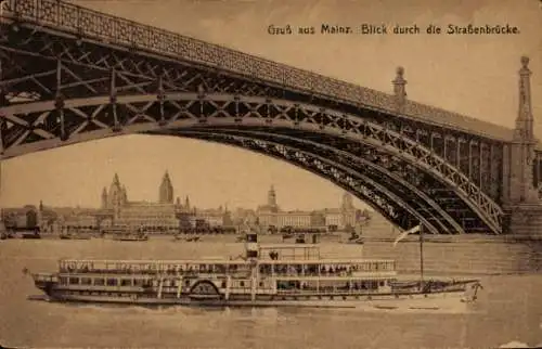 Ak Mainz am Rhein, Straßenbrücke, Raddampfer