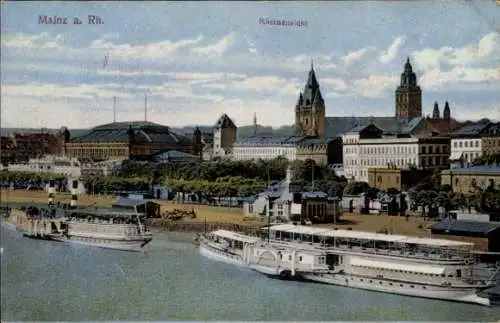 Ak Mainz am Rhein, Rheinansicht, Schiffe, Promenade