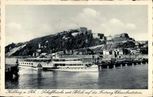 Ak Koblenz am Rhein, Schiffbrücke, Festung Ehrenbreitstein, Raddampfer